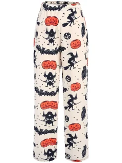 Online Retro Stage 1960s Halloween Pumpkin Pocket Pants Beige