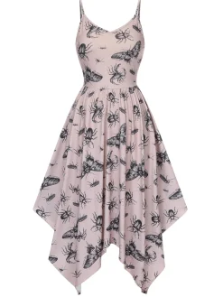 Fashion Retro Stage 1970s Halloween Spider Irregular Dress Beige
