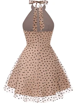 Best Retro Stage 1940s Heart Mesh Halterneck Dress Beige