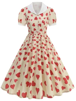 Hot Retro Stage 1950s Hearts Puff Sleeves Lapel Dress Beige