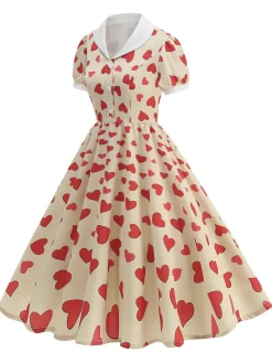 Hot Retro Stage 1950s Hearts Puff Sleeves Lapel Dress Beige