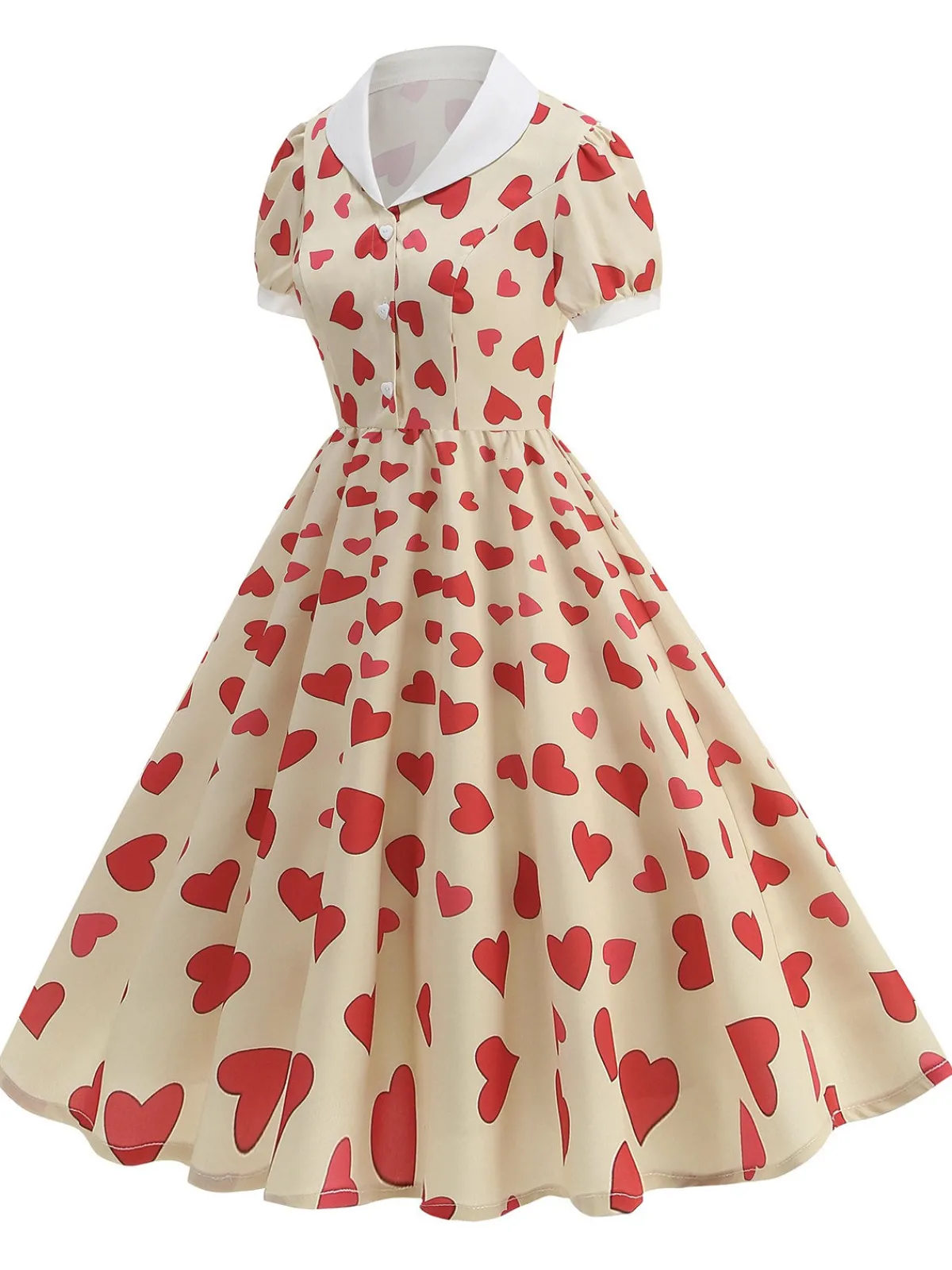 Hot Retro Stage 1950s Hearts Puff Sleeves Lapel Dress Beige
