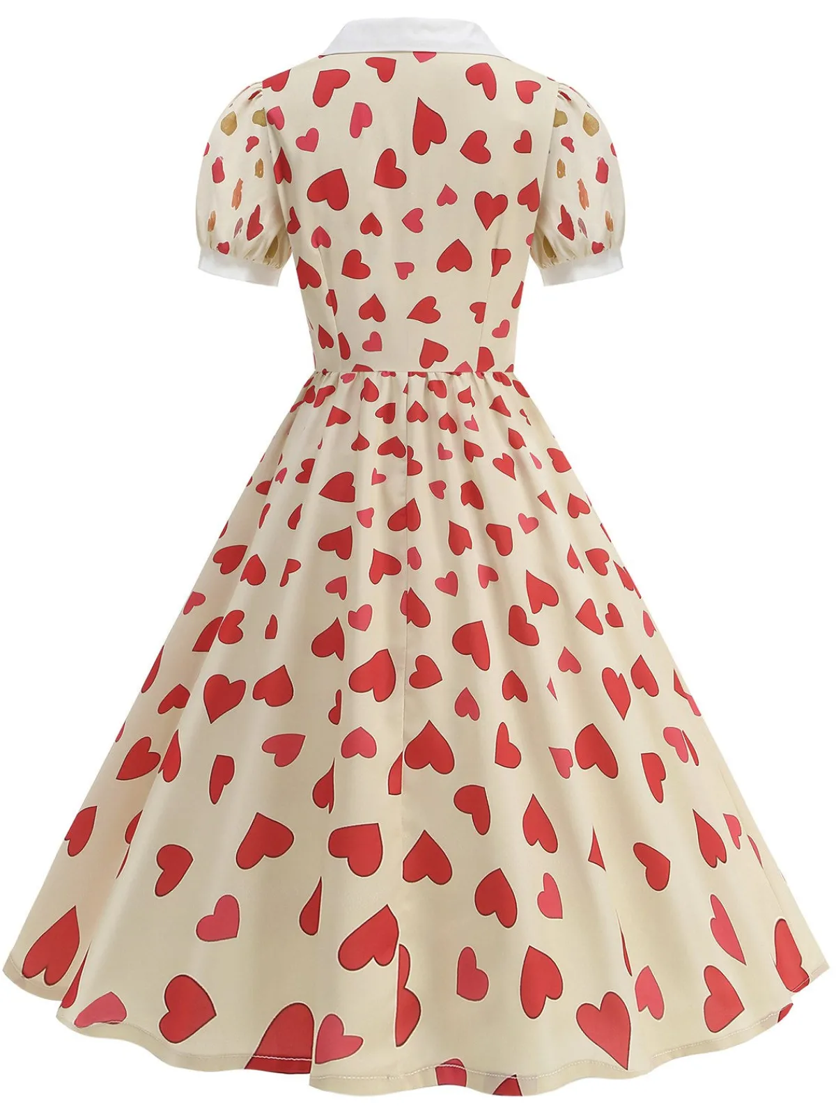 Hot Retro Stage 1950s Hearts Puff Sleeves Lapel Dress Beige
