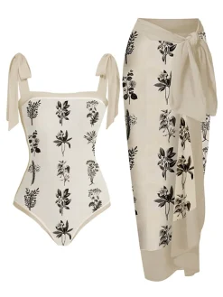 Hot Retro Stage 1950s Ink Floral One-piece Swimsuit & Cover-up Beige