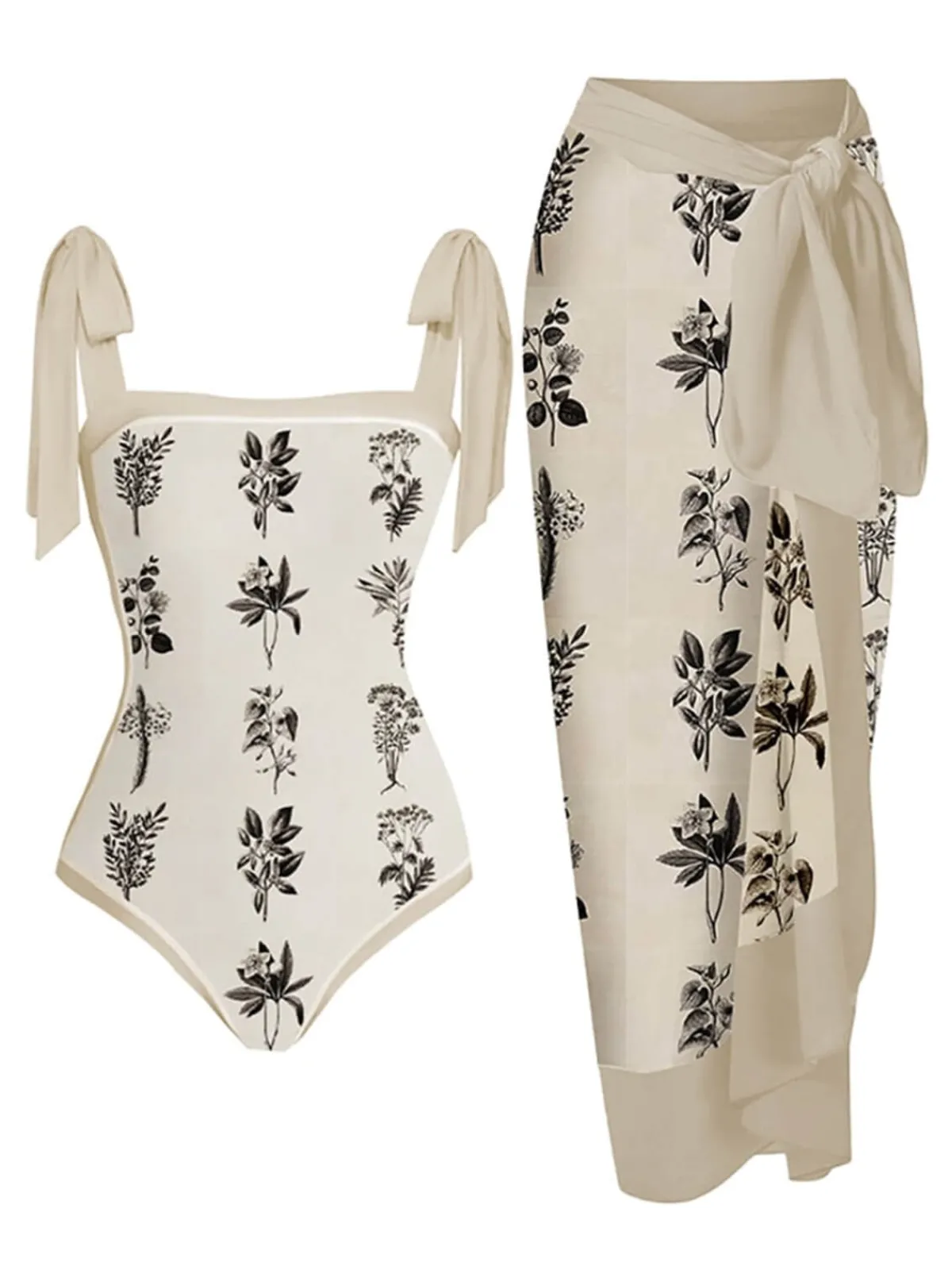 Hot Retro Stage 1950s Ink Floral One-piece Swimsuit & Cover-up Beige