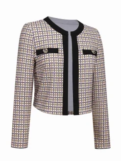 Online Retro Stage 1960s Knitted Patchwork Short Coat Beige