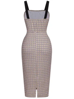 Fashion Retro Stage 1960s Knitted Straps Pencil Dress Beige