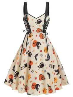 Fashion Retro Stage 1950s Lace-Up Halloween Dress Beige