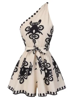 Discount Retro Stage Beige 1940s Oblique Neck Tribal Printed Romper