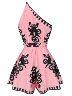 Discount Retro Stage Beige 1940s Oblique Neck Tribal Printed Romper