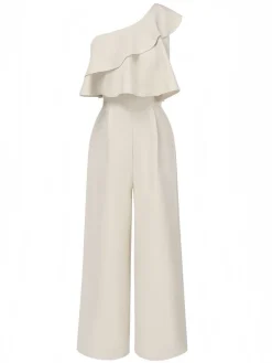 Best Retro Stage 1970s One-Shoulder Tiered Ruffles Jumpsuit Beige