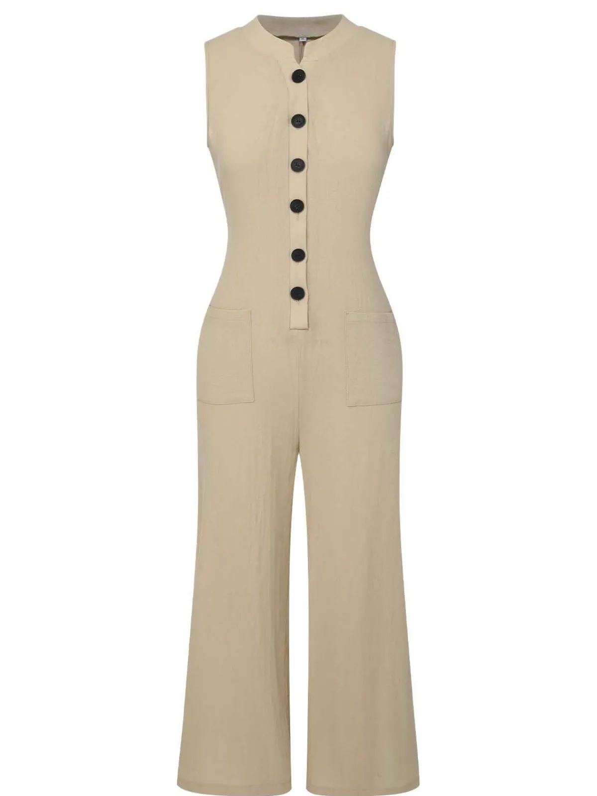 Sale Retro Stage 1940s Pockets Solid Sleeveless Jumpsuit Beige