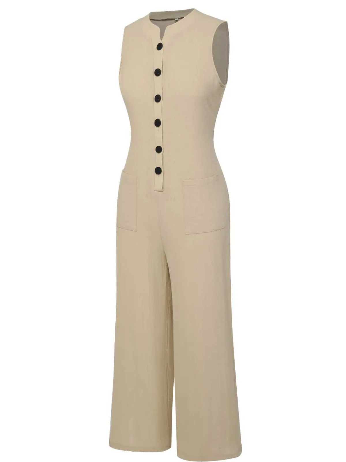 Sale Retro Stage 1940s Pockets Solid Sleeveless Jumpsuit Beige