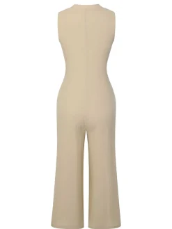 Sale Retro Stage 1940s Pockets Solid Sleeveless Jumpsuit Beige