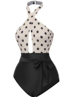 Hot Retro Stage 1950s Polka Dot Halter One-Piece Swimsuit Beige