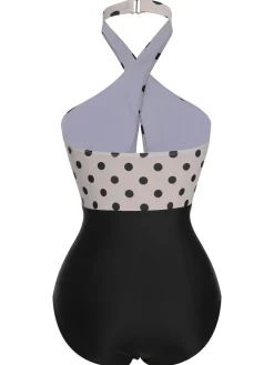 Hot Retro Stage 1950s Polka Dot Halter One-Piece Swimsuit Beige