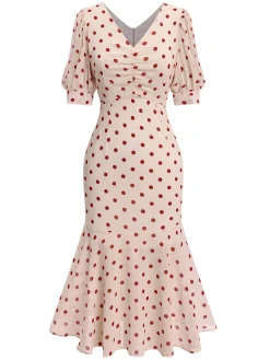 New Retro Stage Beige 1930s Polka Dot Mermaid Dress