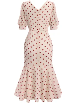 New Retro Stage Beige 1930s Polka Dot Mermaid Dress