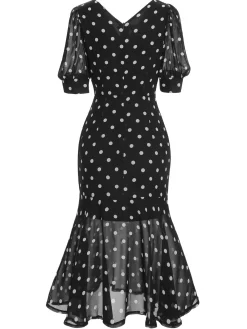 New Retro Stage Beige 1930s Polka Dot Mermaid Dress