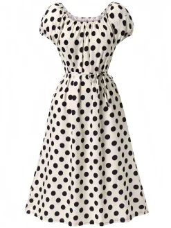 Fashion Retro Stage 1940s Polka Dot Puff Sleeves Dress Beige