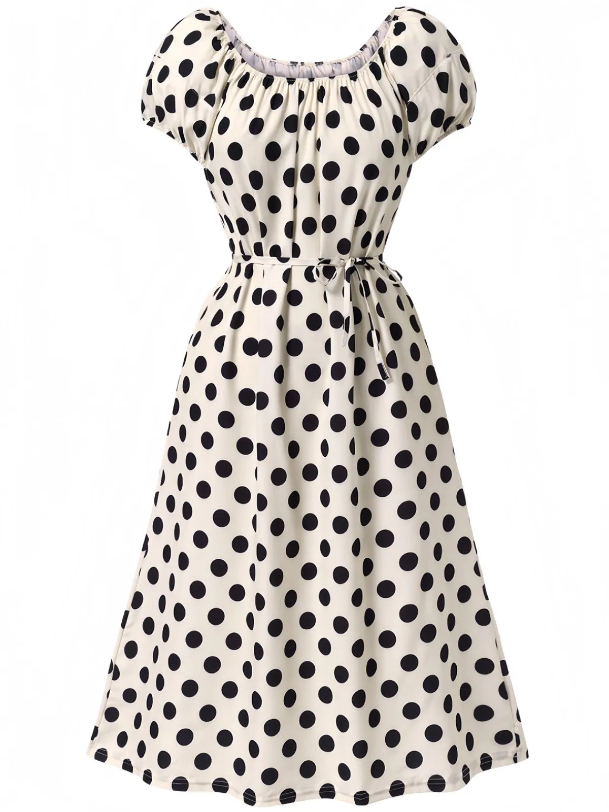 Fashion Retro Stage 1940s Polka Dot Puff Sleeves Dress Beige