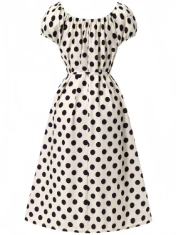 Fashion Retro Stage 1940s Polka Dot Puff Sleeves Dress Beige