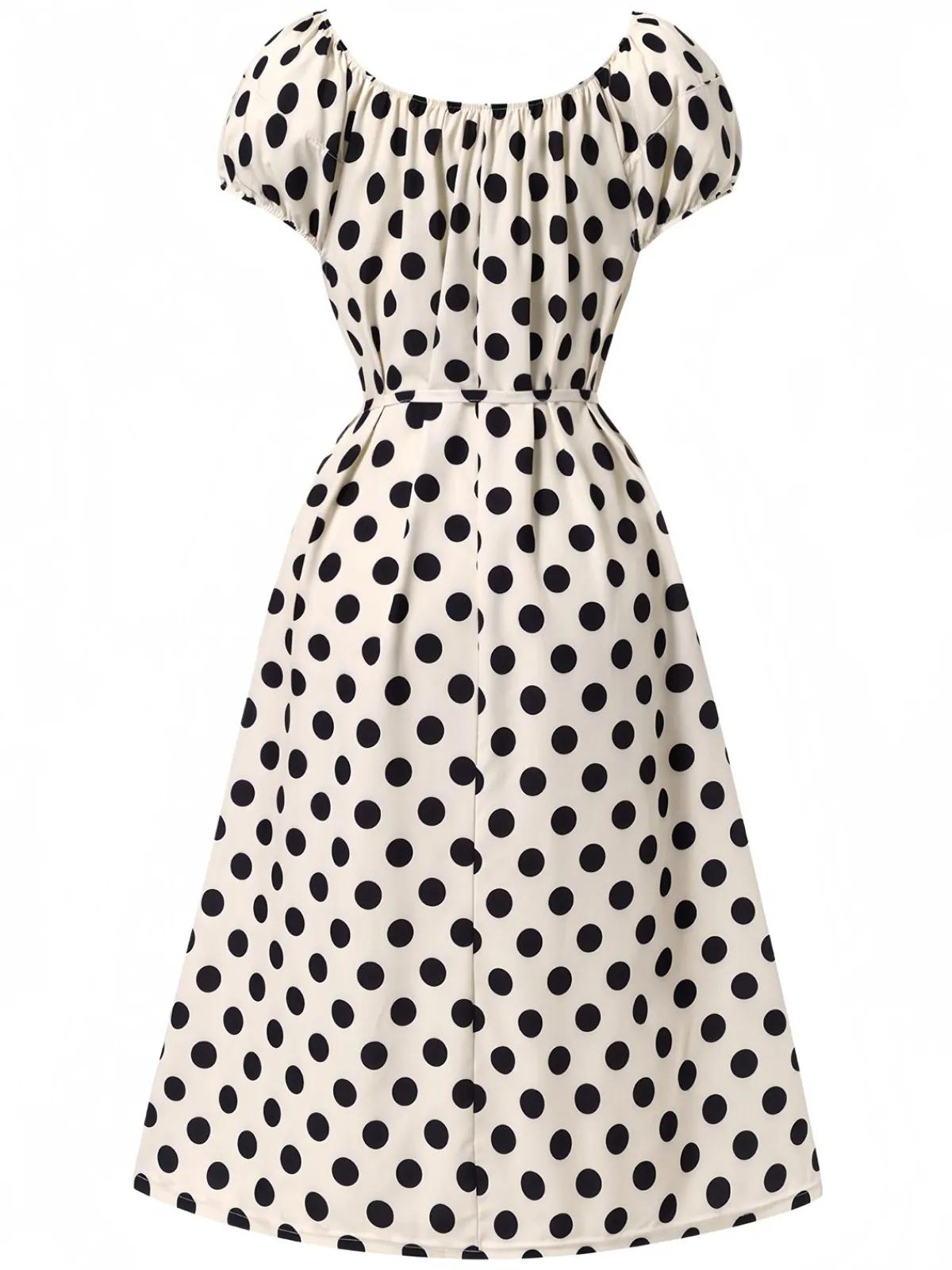 Fashion Retro Stage 1940s Polka Dot Puff Sleeves Dress Beige