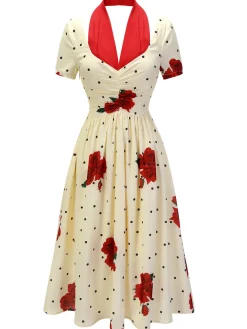 Clearance Retro Stage 1930s Polka Dot Rose Patchwork Dress Beige