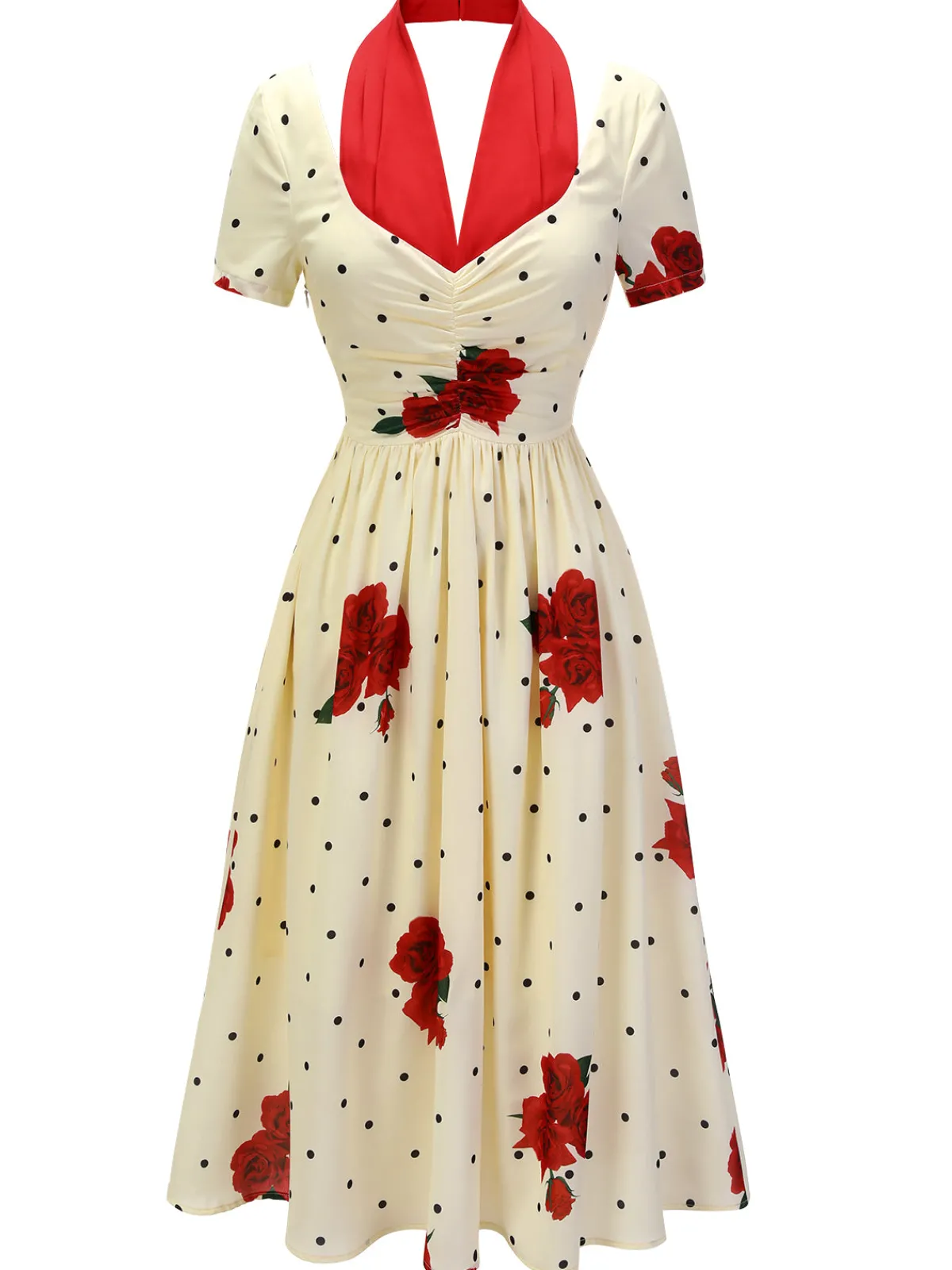 Clearance Retro Stage 1930s Polka Dot Rose Patchwork Dress Beige