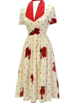 Clearance Retro Stage 1930s Polka Dot Rose Patchwork Dress Beige