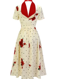 Clearance Retro Stage 1930s Polka Dot Rose Patchwork Dress Beige