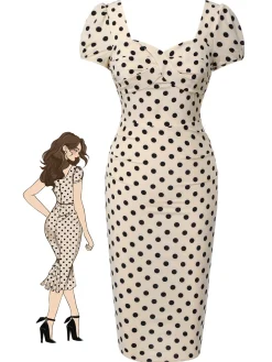 Hot Retro Stage 1960s Polka Dot Square Neck Puff Dress Beige