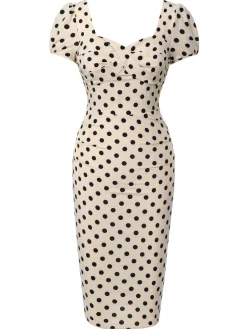 Hot Retro Stage 1960s Polka Dot Square Neck Puff Dress Beige