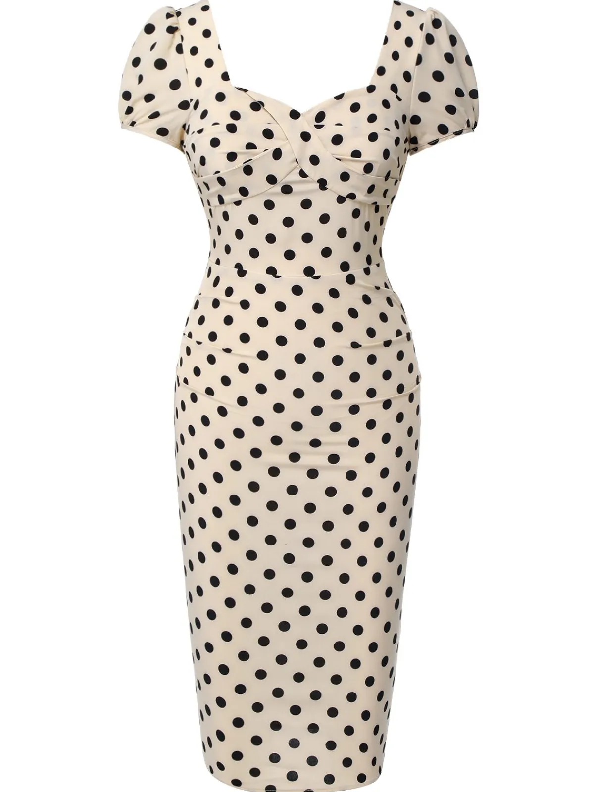 Hot Retro Stage 1960s Polka Dot Square Neck Puff Dress Beige