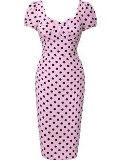 Hot Retro Stage 1960s Polka Dot Square Neck Puff Dress Beige
