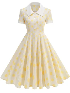 Outlet Retro Stage 1950s Polka Dots Lapel Buttons Dress Beige