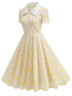 Outlet Retro Stage 1950s Polka Dots Lapel Buttons Dress Beige