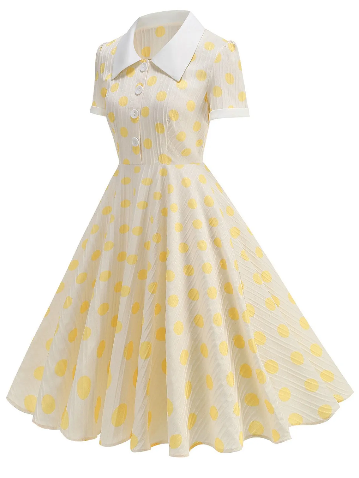 Outlet Retro Stage 1950s Polka Dots Lapel Buttons Dress Beige