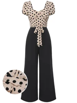 Online Retro Stage 1930s Polka Dots Sweetheart Neck Jumpsuit Beige