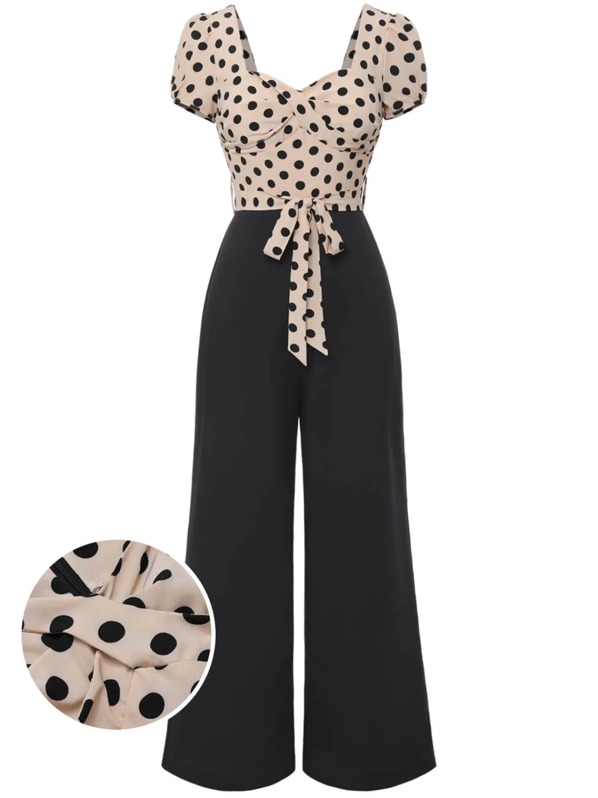 Online Retro Stage 1930s Polka Dots Sweetheart Neck Jumpsuit Beige