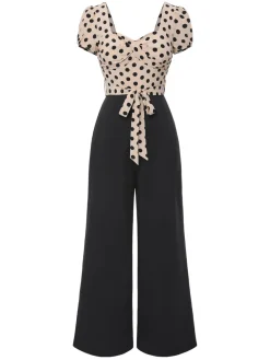 Online Retro Stage 1930s Polka Dots Sweetheart Neck Jumpsuit Beige