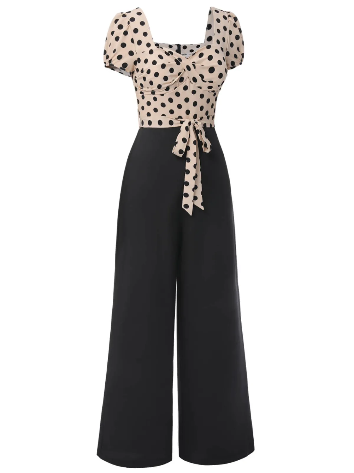 Online Retro Stage 1930s Polka Dots Sweetheart Neck Jumpsuit Beige