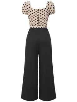 Online Retro Stage 1930s Polka Dots Sweetheart Neck Jumpsuit Beige