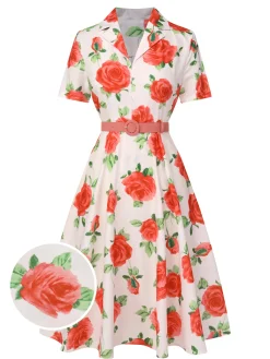 Clearance Retro Stage 1950s Roses Lapel Dress With Belt Beige