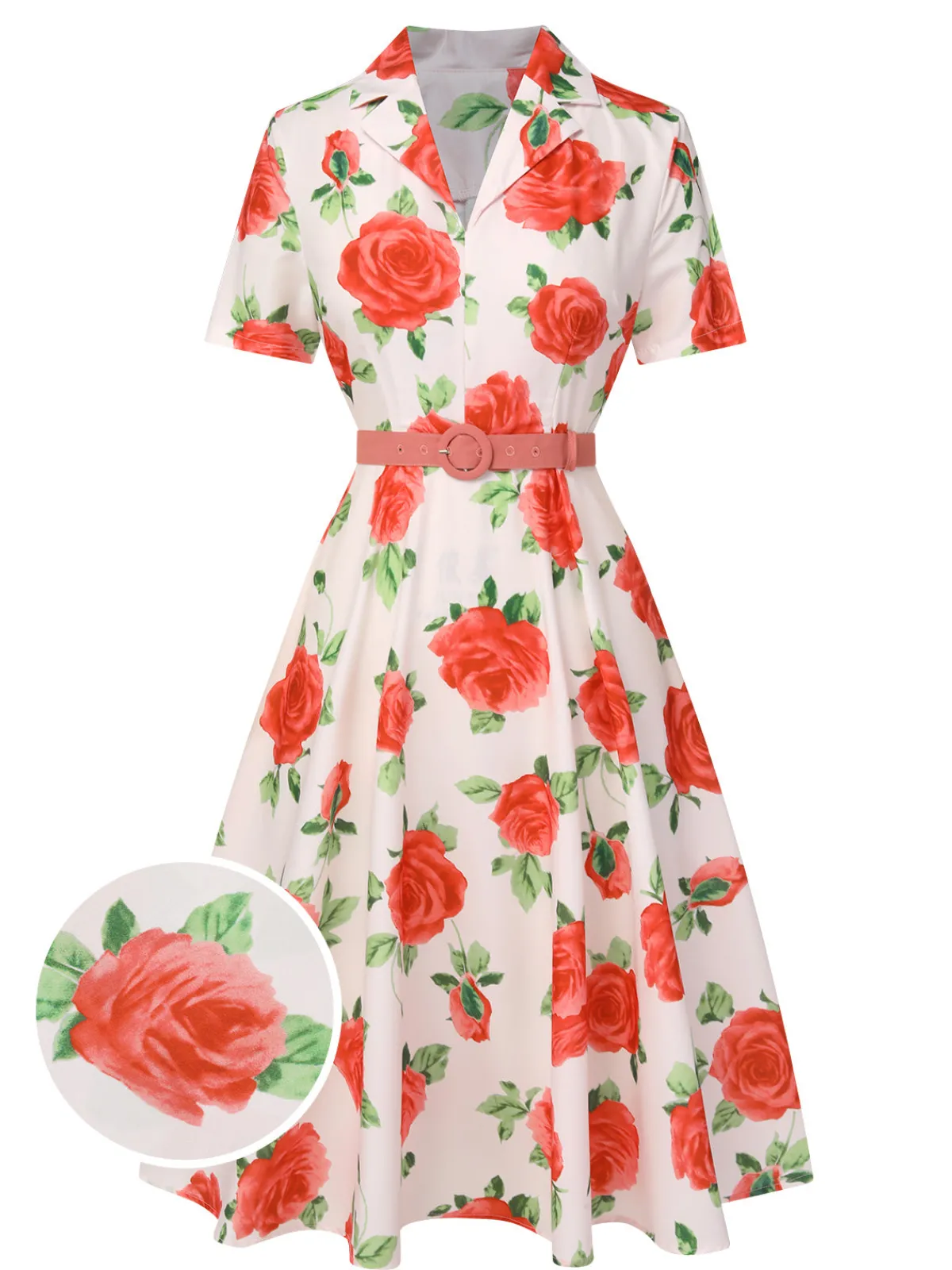 Clearance Retro Stage 1950s Roses Lapel Dress With Belt Beige