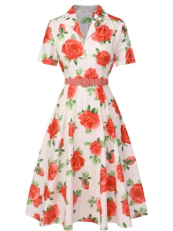 Clearance Retro Stage 1950s Roses Lapel Dress With Belt Beige
