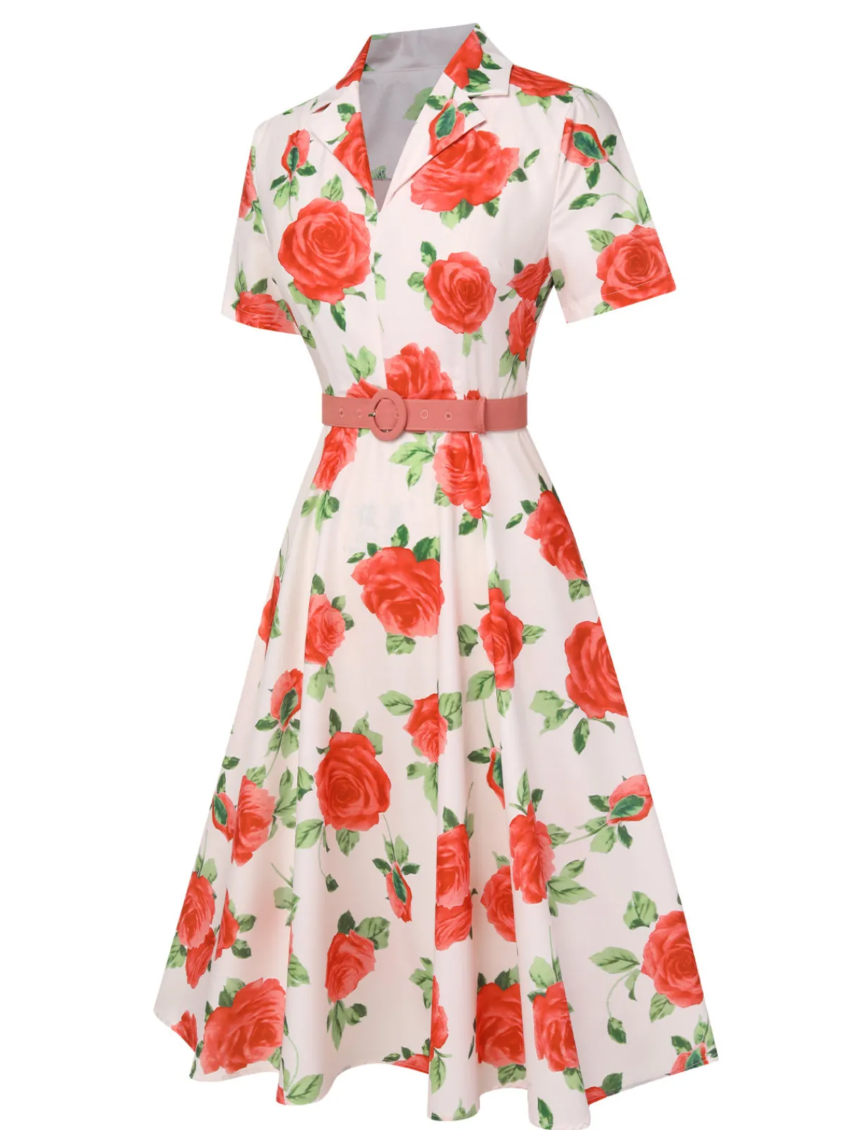 Clearance Retro Stage 1950s Roses Lapel Dress With Belt Beige