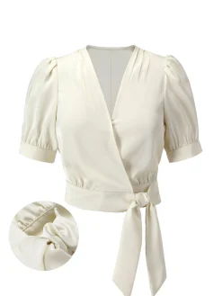 New Retro Stage 1950s Satin Puff Sleeve V-Neck Blouse Beige