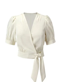 New Retro Stage 1950s Satin Puff Sleeve V-Neck Blouse Beige