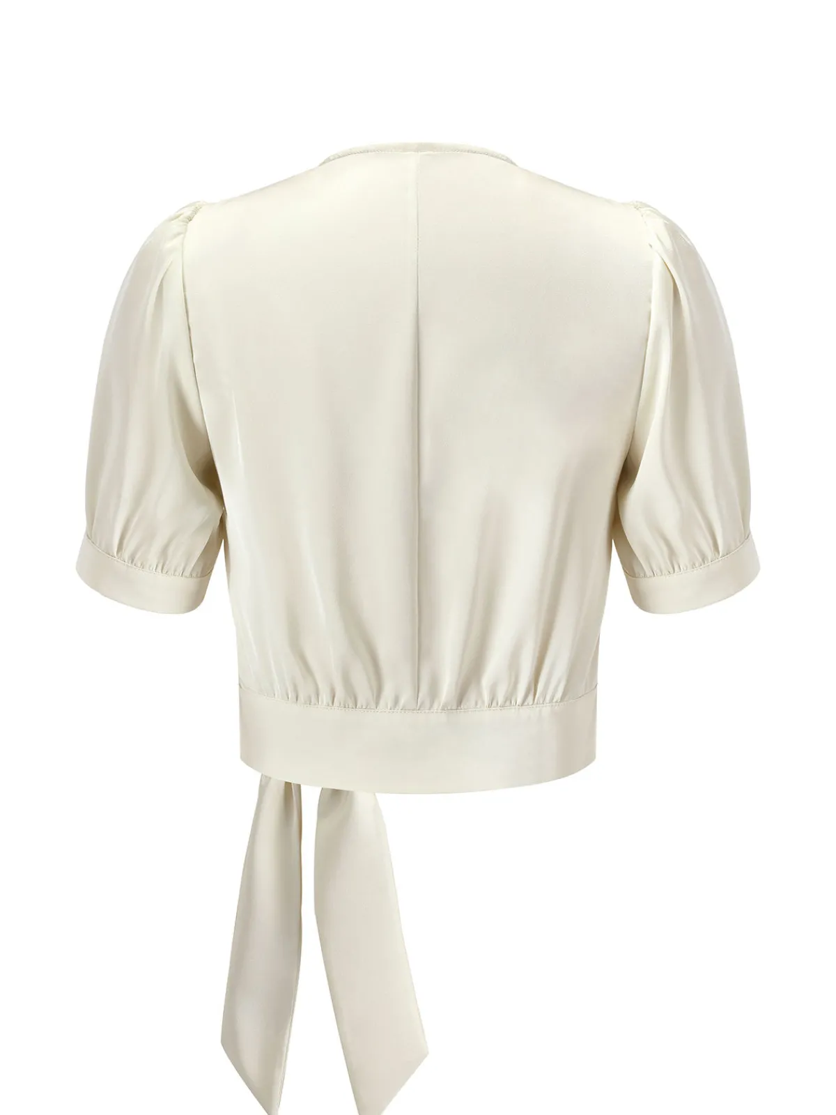 New Retro Stage 1950s Satin Puff Sleeve V-Neck Blouse Beige